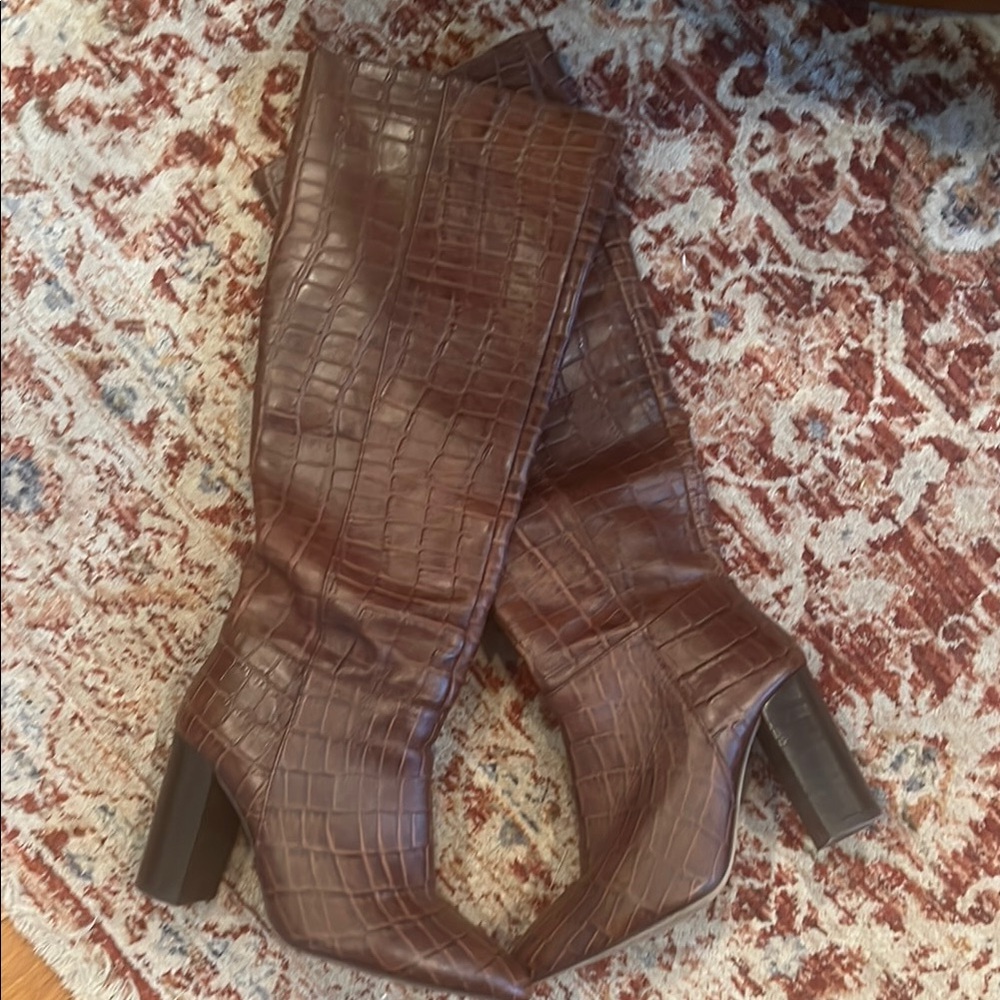 Brown Crocodile-Embossed Knee-High Boots